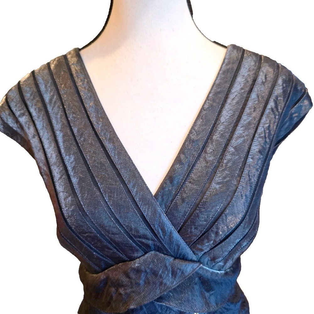Adrianna Papell Shutter Pleat Tiered Dress Size 12 Metallic Slate Blue Cocktail - Picture 3 of 11